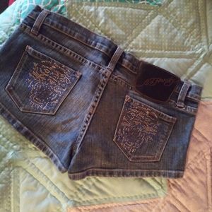 Ed Hardy "tiger" embellished Jean shorts